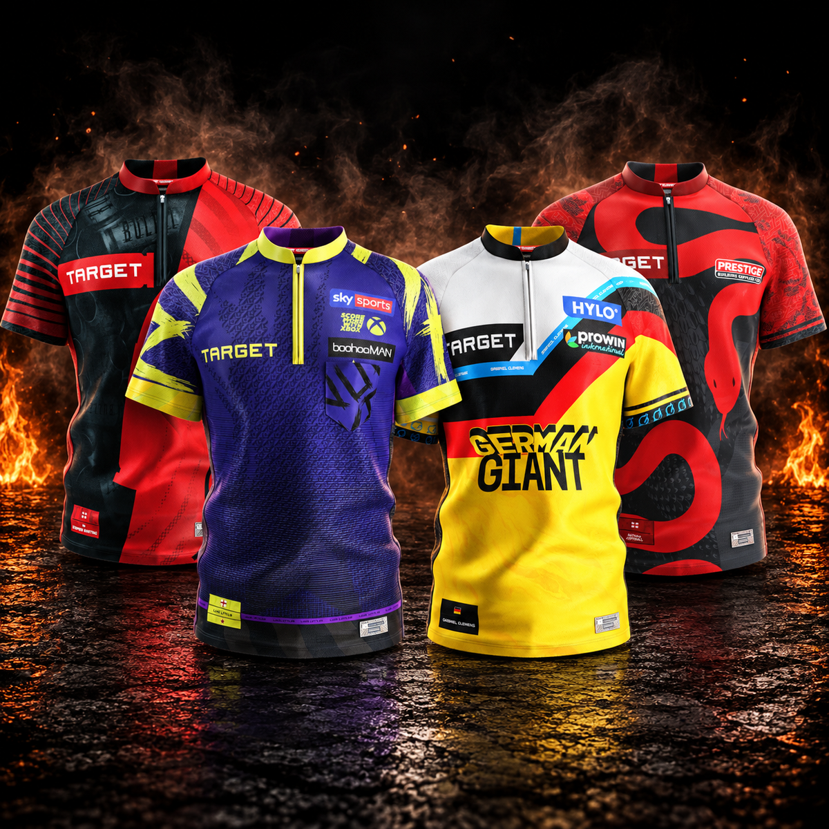 Target Dartshirts von Luke Littler, Gabriel Clemens, Stephen Bunting und Nathan Aspinall vor dunklem Hintergrund mit Feuer und Rauch.