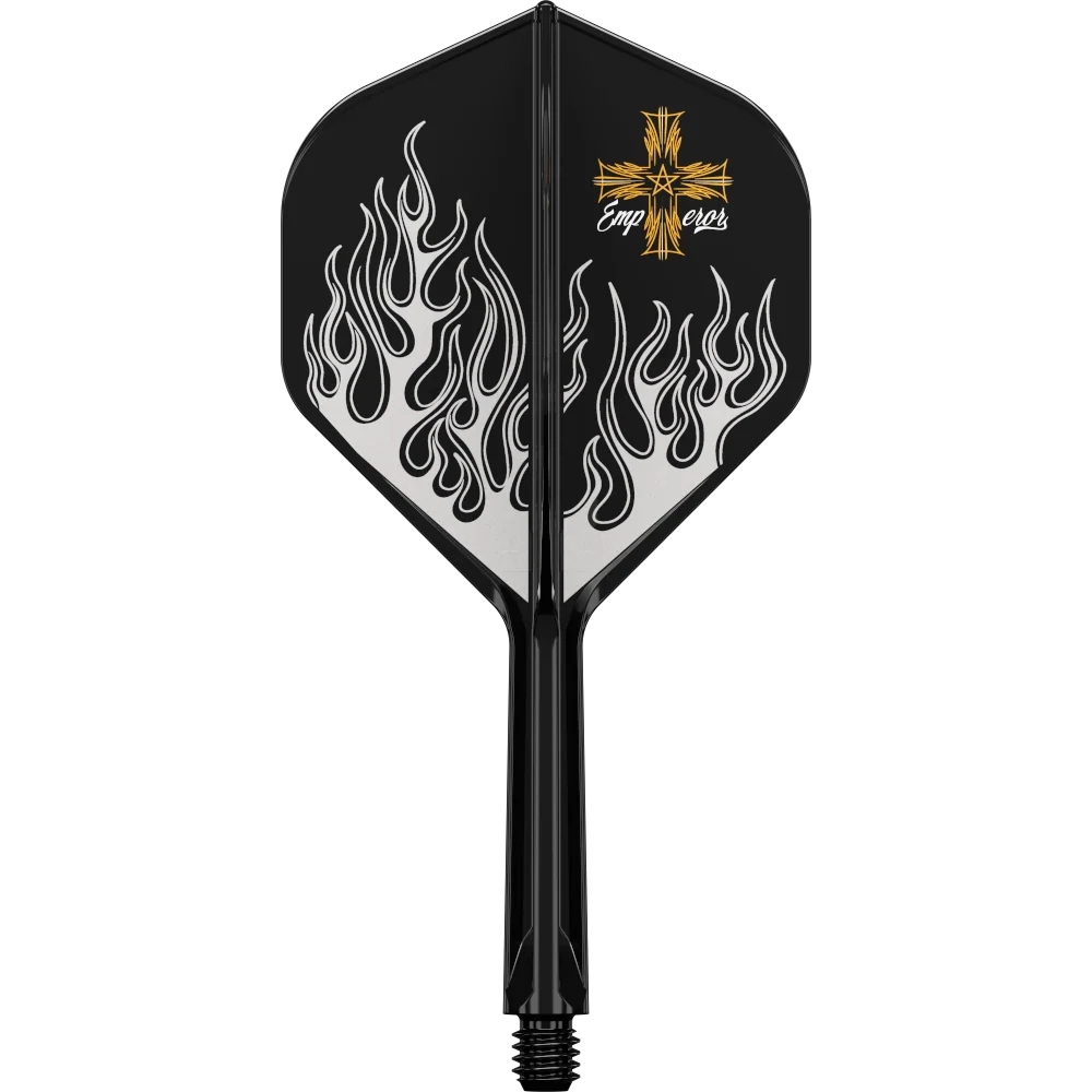 Target Japan K-Flex Pyro G2 No.2 Flight Shaft System – Ein schwarzes Flight-Shaft-System mit silbernem Flammenmotiv, schräge Ansicht