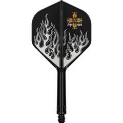 Target Japan K-Flex Pyro G2 No.2 Flight Shaft System – Ein schwarzes Flight-Shaft-System mit silbernem Flammenmotiv, schräge Ansicht