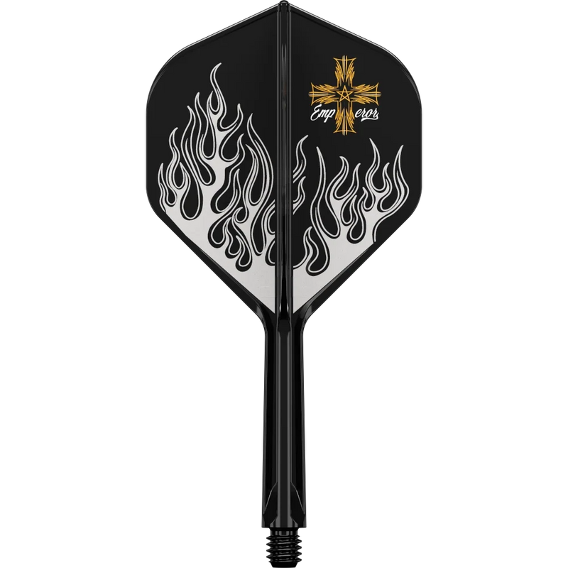 Target Japan K-Flex Pyro G2 No.2 Flight Shaft System – Ein schwarzes Flight-Shaft-System mit silbernem Flammenmotiv und goldenem Emblem