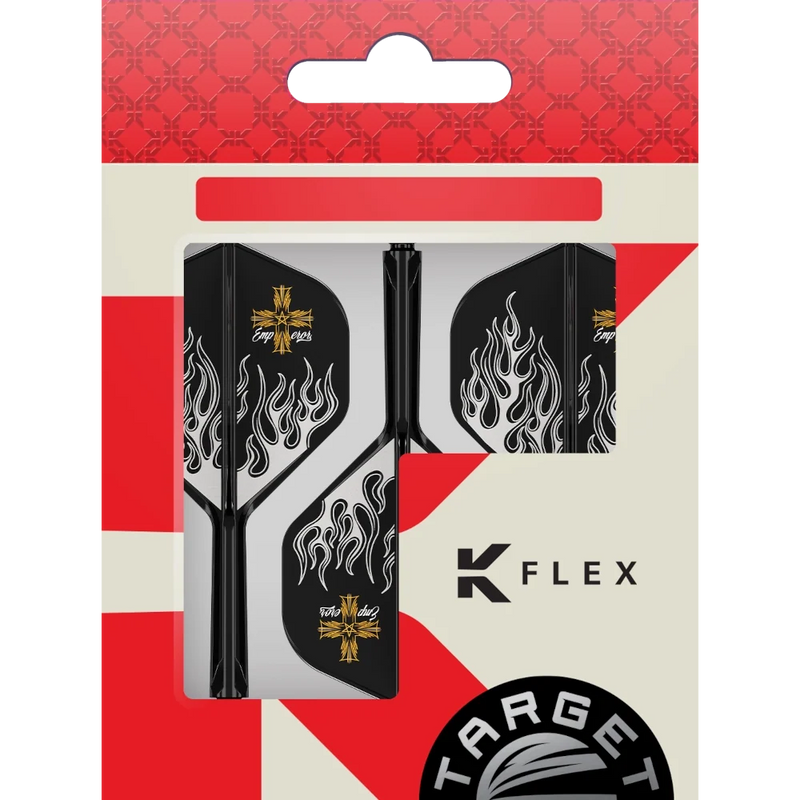 Target Japan K-Flex Pyro G2 No.2 Flight Shaft System – Schwarze Flight-Shaft-Systeme mit silbernem Flammenmotiv in der Verpackung