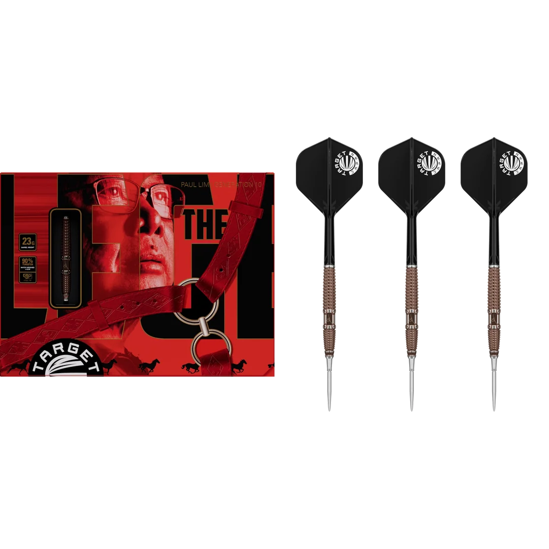 Target Japan Paul Lim G10 Steeldart 90% – Präsentationsverpackung neben drei montierten Darts