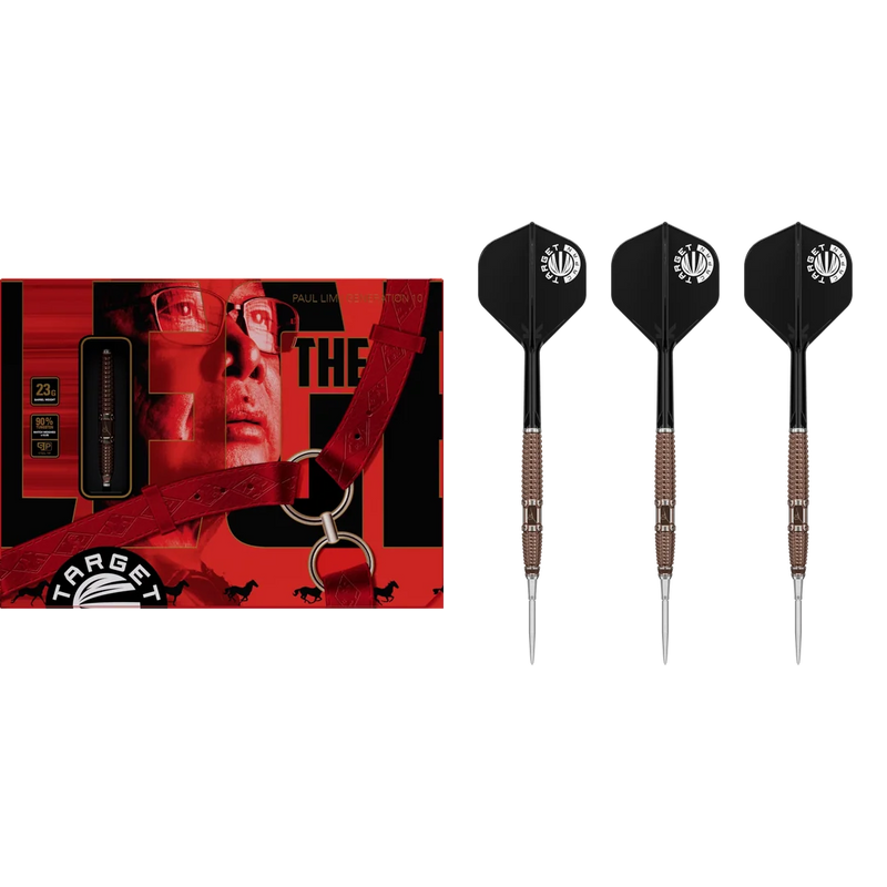 Target Japan Paul Lim G10 Steeldart 90% – Präsentationsverpackung neben drei montierten Darts