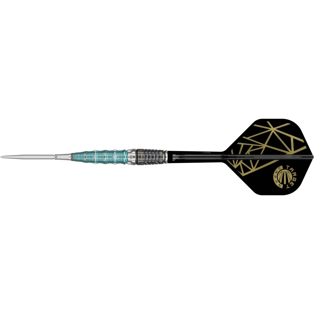 Target Japan The Miracle × Rising Sun Champions Limited Edition Steeldart 95% – Montierter Dart mit türkisfarbenem Barrel und schwarzem Flight mit goldfarbenem Motiv, waagerechte Seitenansicht