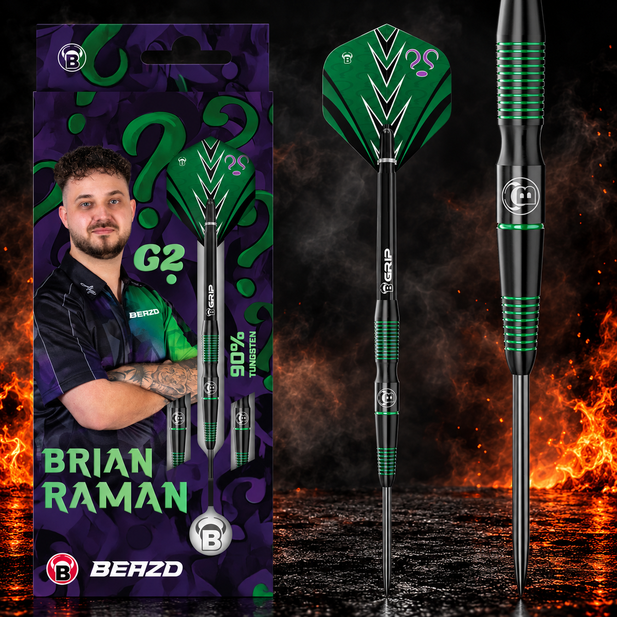 BEAZD Brian Raman G2 – Verpackung, kompletter Dart und Barrel-Detail vor dunklem Rauch