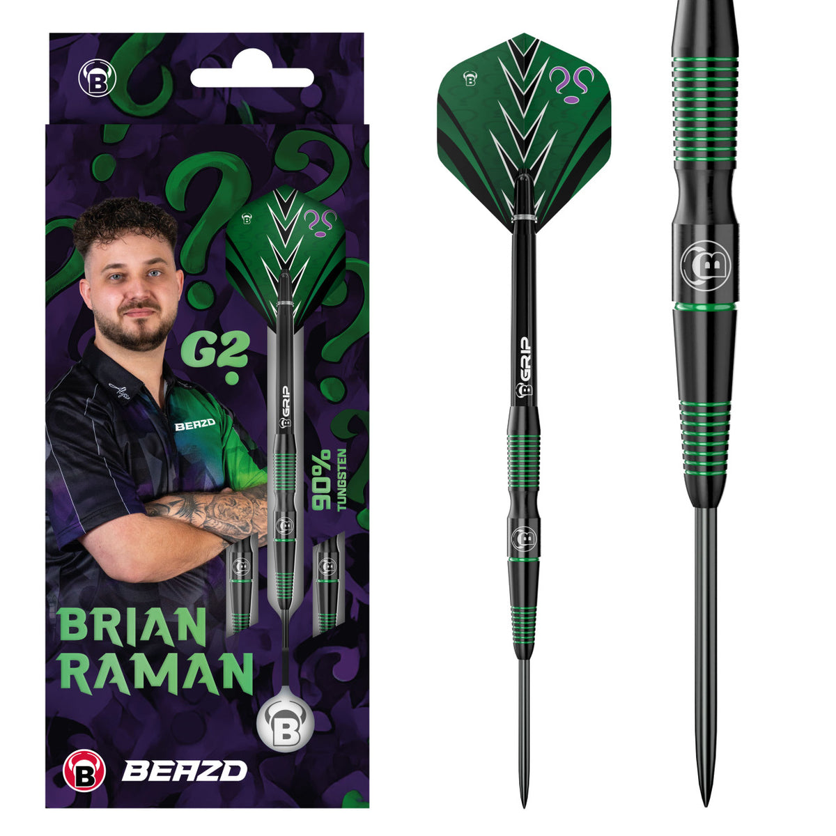 BEAZD Brian Raman G2 Steeldarts – schwarzer Barrel mit grünen Gripringen