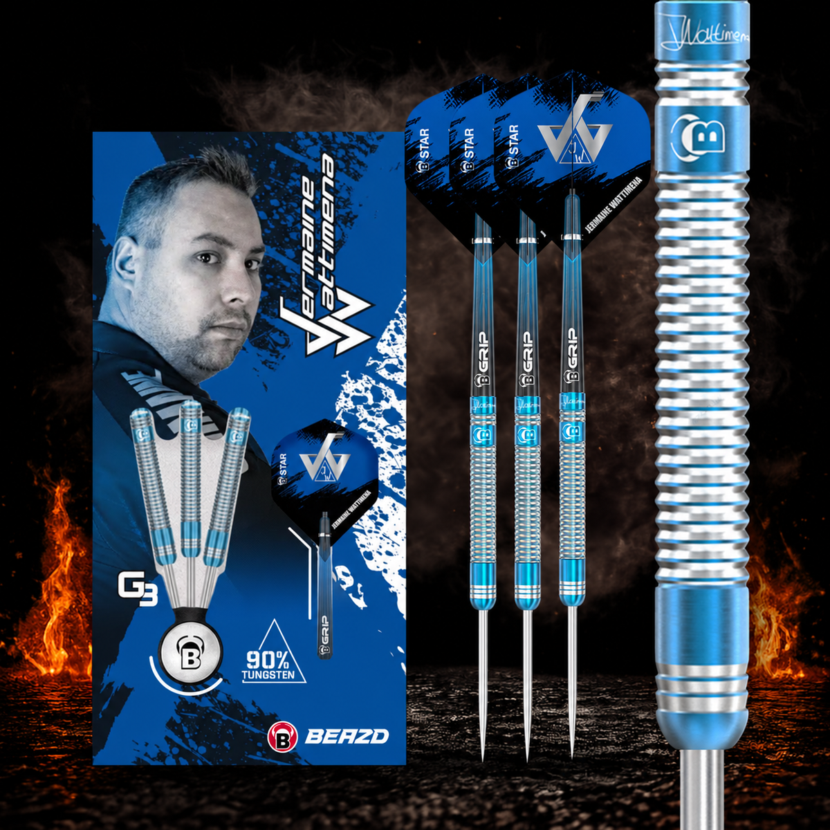 BEAZD Jermaine Wattimena G3 Steeldart 90% - Profi Dartpfeile – BEAZD Verpackung und Dartdetails