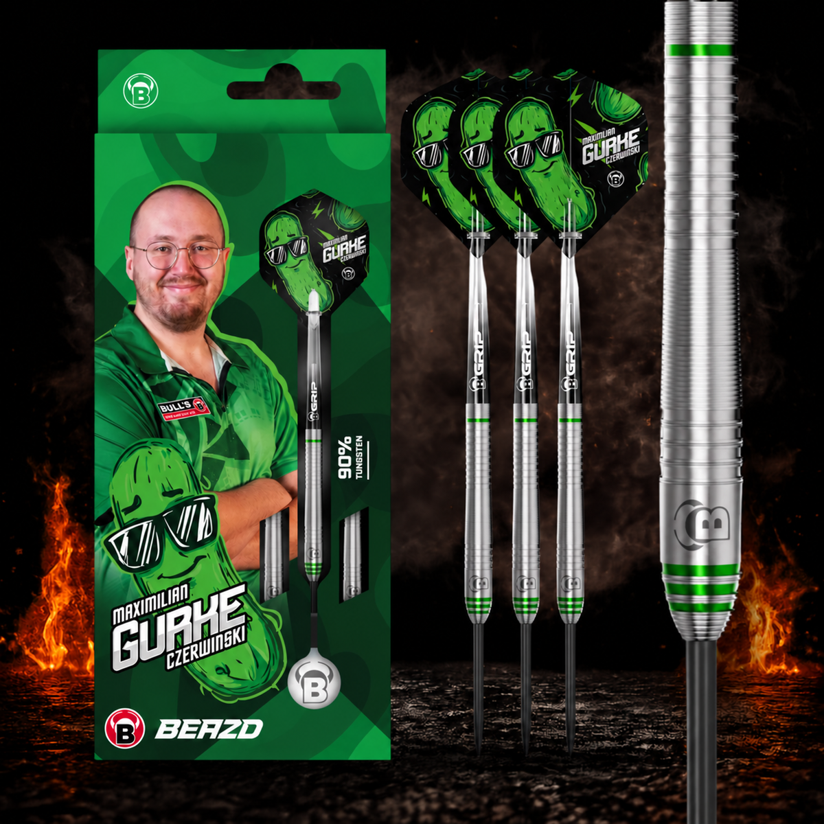 BEAZD Max "Gurke" Czerwinski Steeldart 90% - Profi Dartpfeile – BEAZD Verpackung und Dartdetails