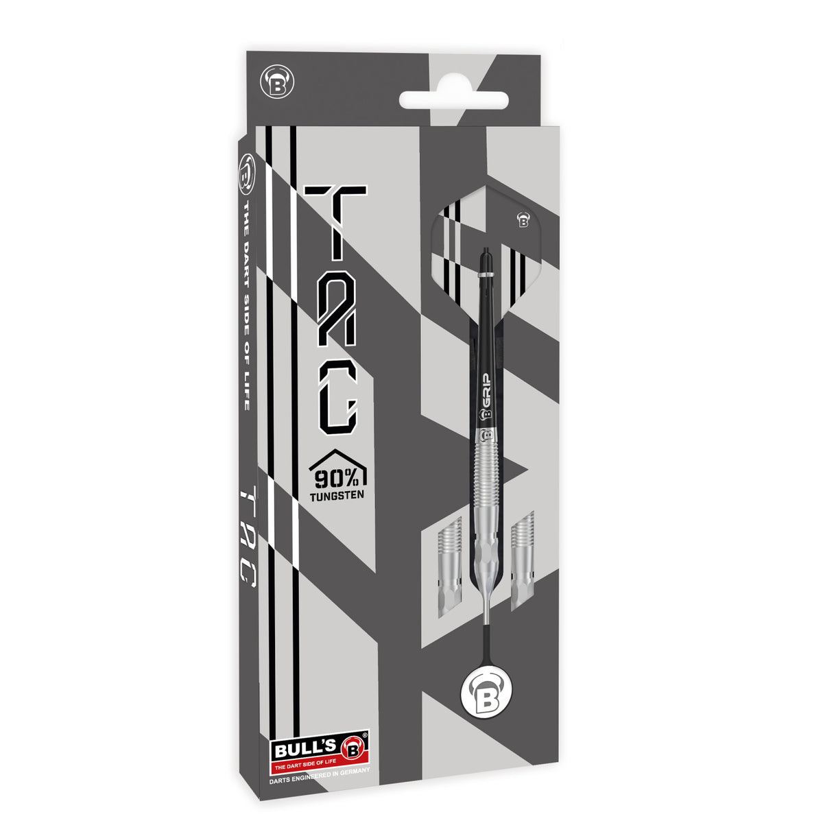 BULL'S TAC – Graue Verkaufsverpackung mit abgebildetem Dart, schräge Ansicht