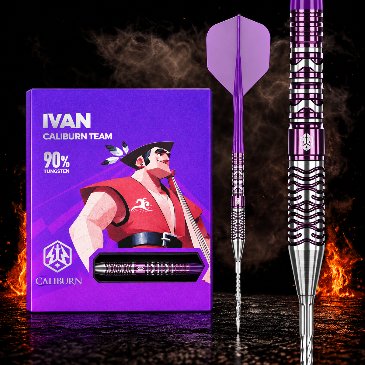 Caliburn Awakening Darts - 90% Tungsten - Ivan – Verpackung, senkrechter Dart und Barrel-Detail vor dunklem Rauchhintergrund