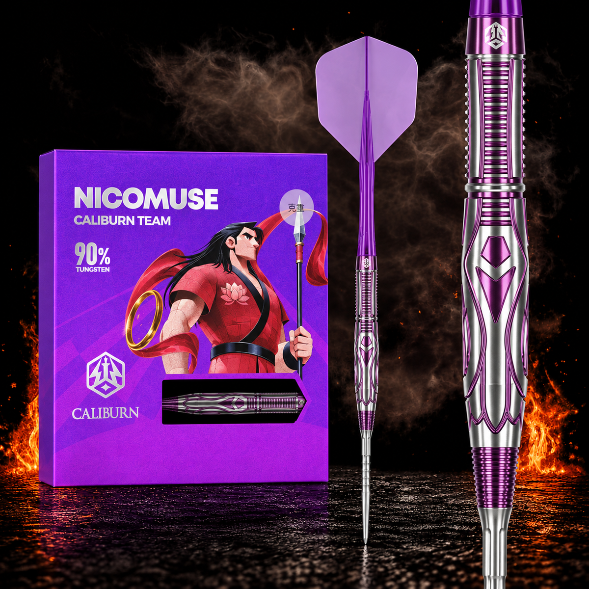 Caliburn Awakening Darts - 90% Tungsten - Nicomuse – Verpackung, senkrechter Dart und Barrel-Detail vor dunklem Rauchhintergrund