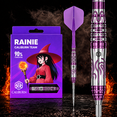 Caliburn Awakening Darts - 90% Tungsten - Rainie – Verpackung, senkrechter Dart und Barrel-Detail vor dunklem Rauchhintergrund