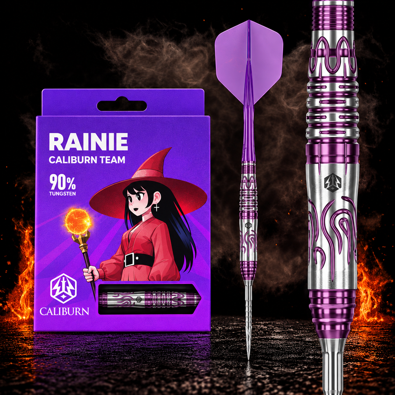 Caliburn Awakening Darts - 90% Tungsten - Rainie – Verpackung, senkrechter Dart und Barrel-Detail vor dunklem Rauchhintergrund
