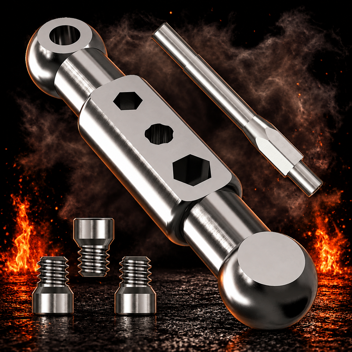 Caliburn EVO Spitzen Starter-Kit vor dunklem Rauchhintergrund mit dezenten orangefarbenen Flammen