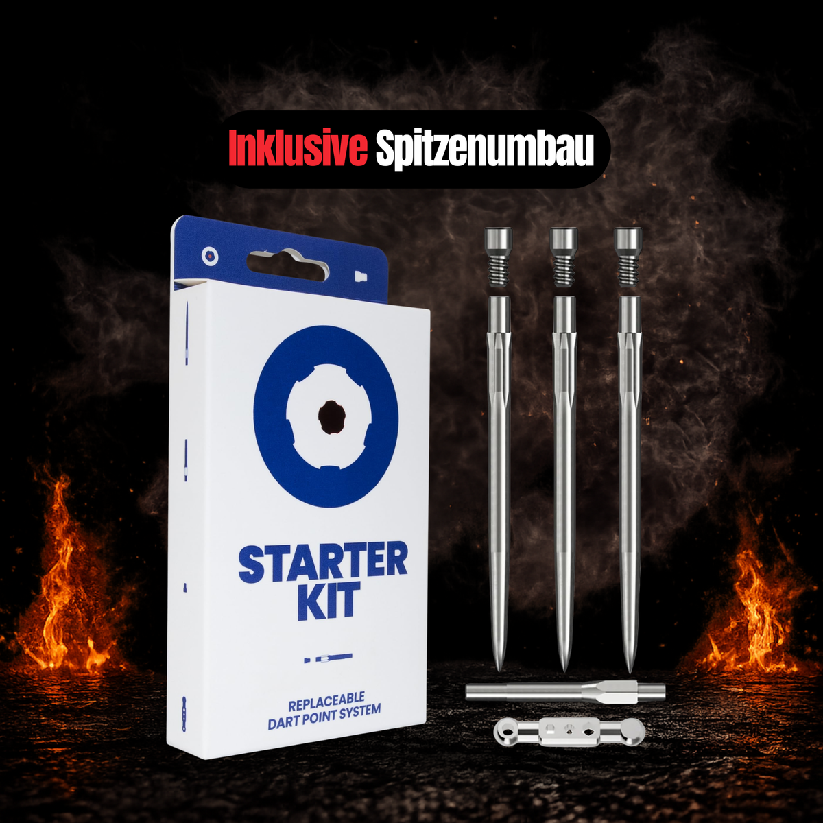 Caliburn EVO Spitzenumbau Service – Dartspitzen umrüsten lassen inkl. Starter-Kit – Starter-Kit-Verpackung mit drei senkrechten Dartspitzen und Werkzeug, vor dunklem Rauch- und Flammenhintergrund