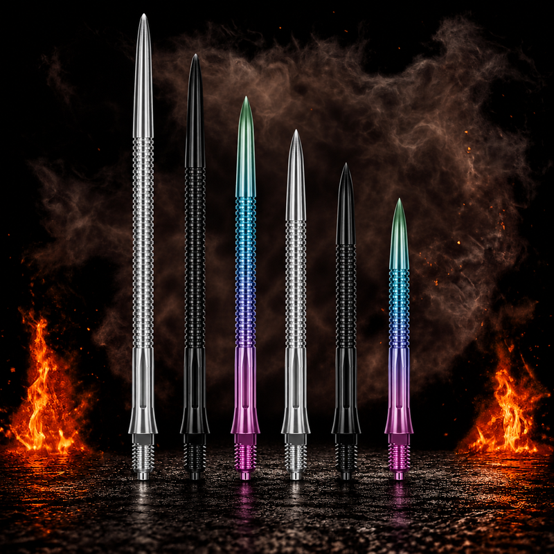 Caliburn EZ EVO Dart Points - Grooved vor dunklem Rauchhintergrund mit dezenten orangefarbenen Flammen