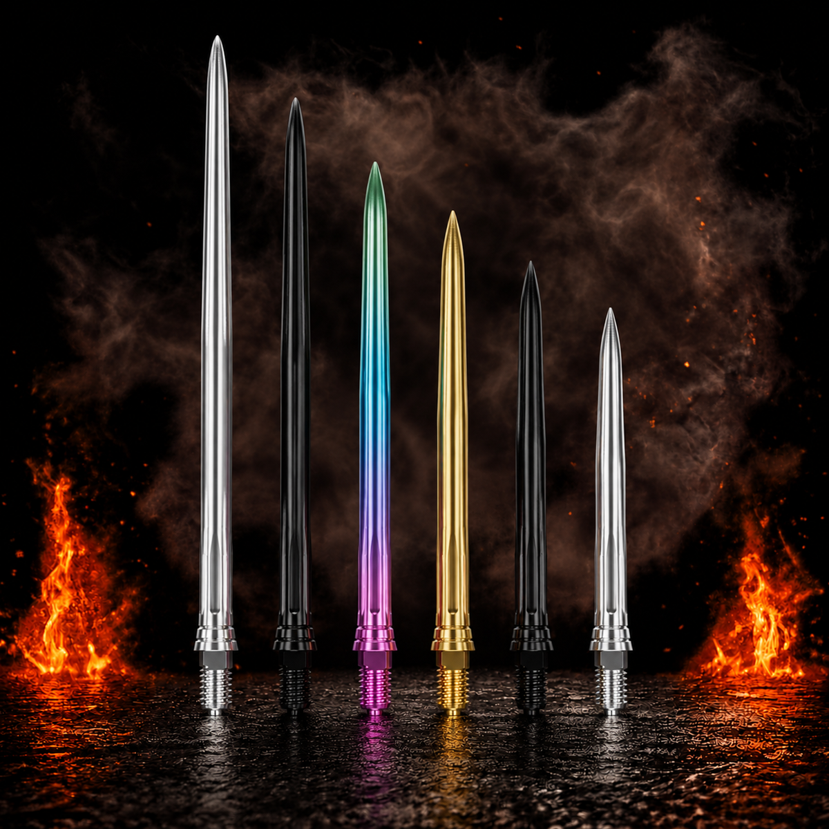 Caliburn EZ EVO Dart Points - Smooth vor dunklem Rauchhintergrund mit dezenten orangefarbenen Flammen