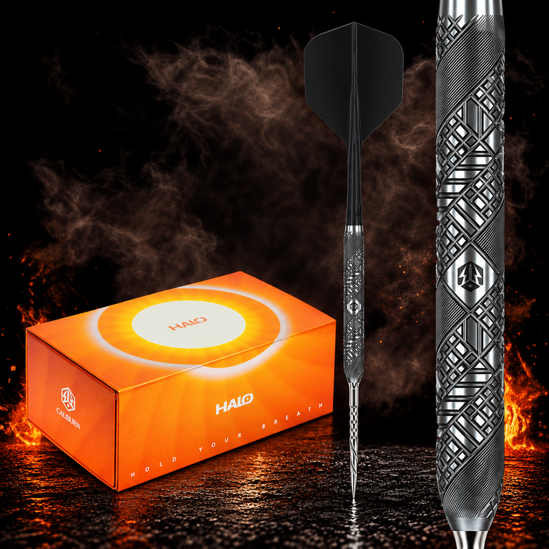 Caliburn Halo H3 95% Tungsten – Verpackung links, senkrechter Dart und Barrel-Detail vor dunklem Rauchhintergrund