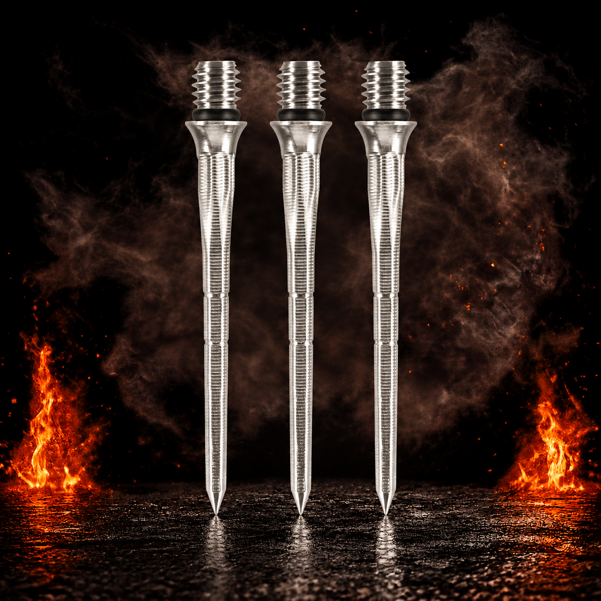 Caliburn Hexagonal Conversion Points vor dunklem Rauchhintergrund mit dezenten orangefarbenen Flammen