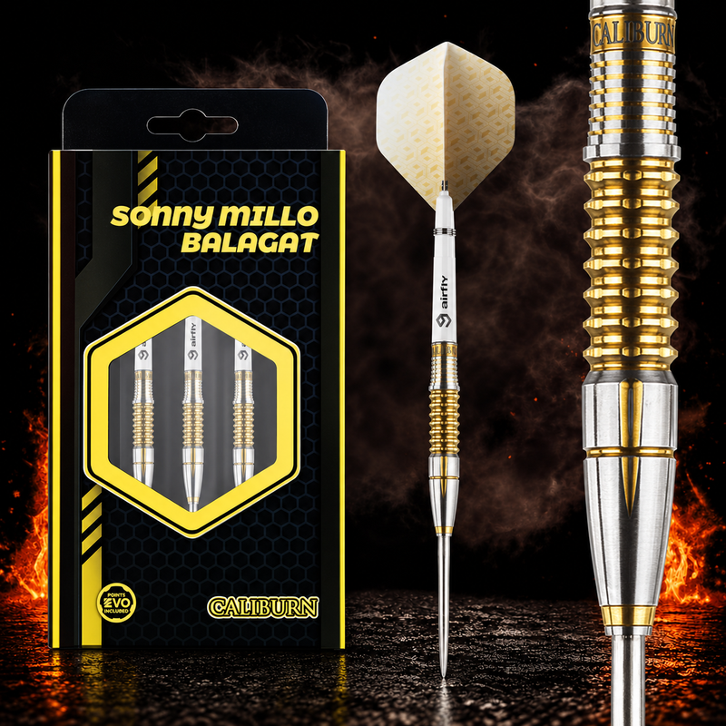 Caliburn Players Darts - 90% Tungsten - Sonny - 23G – Verpackung, senkrechter Dart und Barrel-Detail vor dunklem Rauchhintergrund