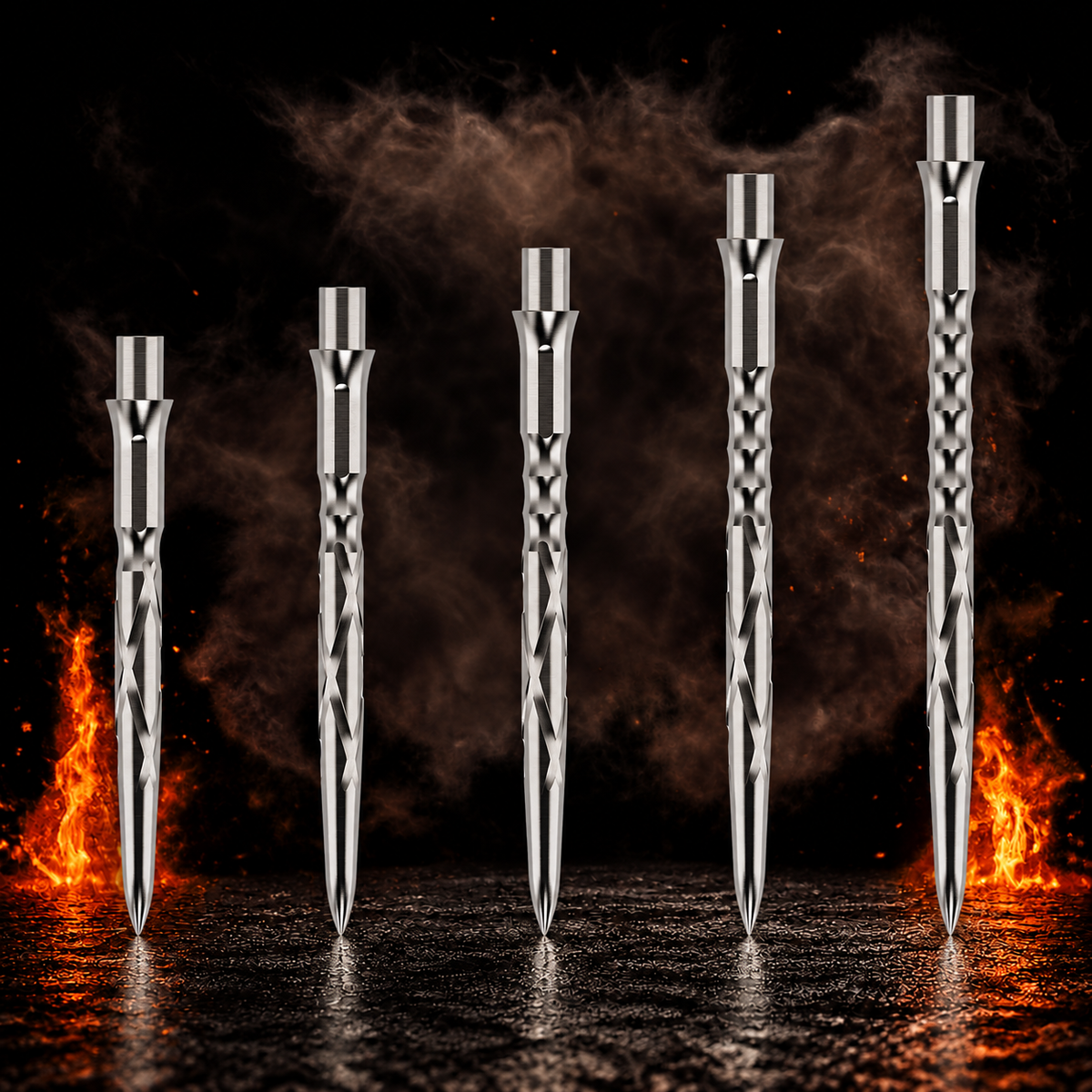 Caliburn Replaceable Dart Points Han G2 vor dunklem Rauchhintergrund mit dezenten orangefarbenen Flammen