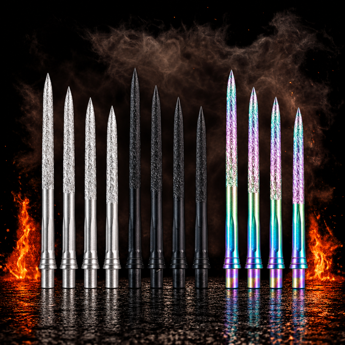 Caliburn Replaceable Dart Points Rough - No Lip vor dunklem Rauchhintergrund mit dezenten orangefarbenen Flammen