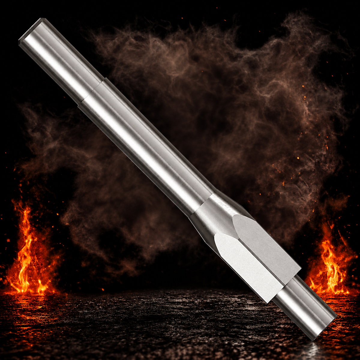 Caliburn Repoint Tool vor dunklem Rauchhintergrund mit dezenten orangefarbenen Flammen