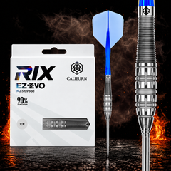 Caliburn Rix Darts - 90% Tungsten - R5 – Verpackung, senkrechter Dart und Barrel-Detail vor dunklem Rauchhintergrund