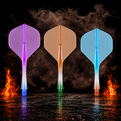 Caliburn SUP Flights Moulded Flight & Shaft - Standard No2 - Two Tone vor dunklem Rauchhintergrund mit dezenten orangefarbenen Flammen