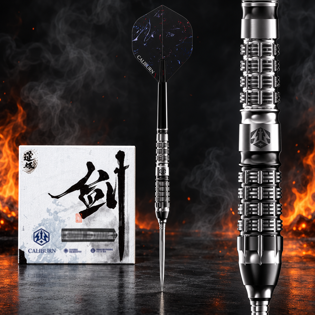 Caliburn Sword Darts 95% Tungsten - S5 - 23G – Originalverpackung, vollständiger Dart und vergrößertes Barrel-Detail