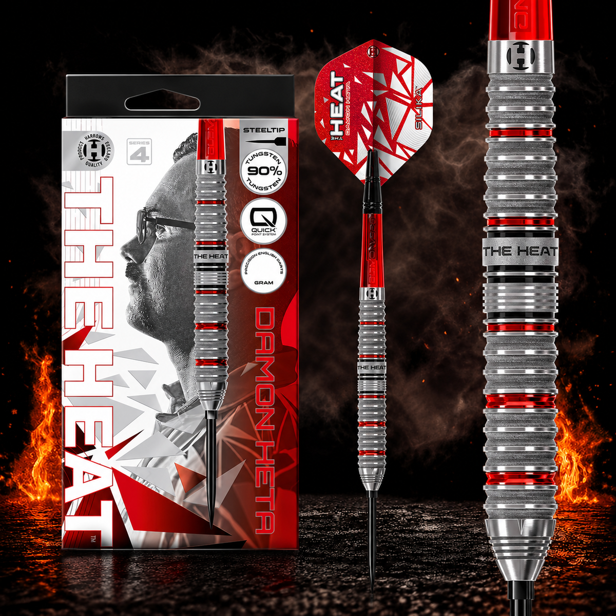 Harrows Damon Heta Series 4 Quick Point Steeldart 90% – Verpackung, senkrechter Dart und Barrel-Detail vor dunklem Rauchhintergrund