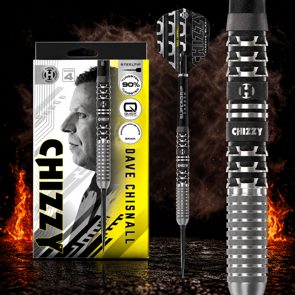 Harrows Dave Chisnall Series 4 Quick Point Steeldart 90% – Verpackung, senkrechter Dart und Barrel-Detail vor dunklem Rauchhintergrund