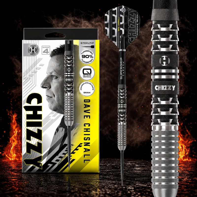 Harrows Dave Chisnall Series 4 Quick Point Steeldart 90% – Verpackung, senkrechter Dart und Barrel-Detail vor dunklem Rauchhintergrund