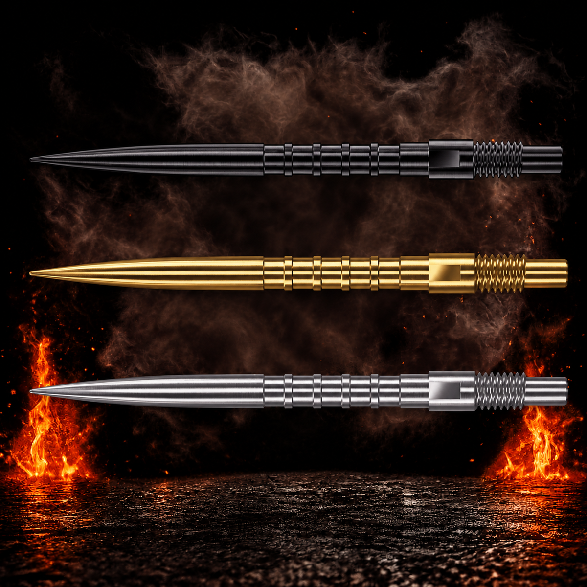 Harrows Heavy Metal Quick Point Spitzen vor dunklem Rauchhintergrund mit dezenten orangefarbenen Flammen