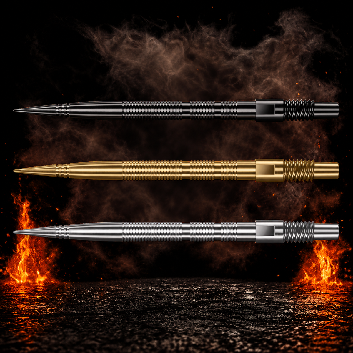 Harrows Micro Grip Quick Point Spitzen vor dunklem Rauchhintergrund mit dezenten orangefarbenen Flammen