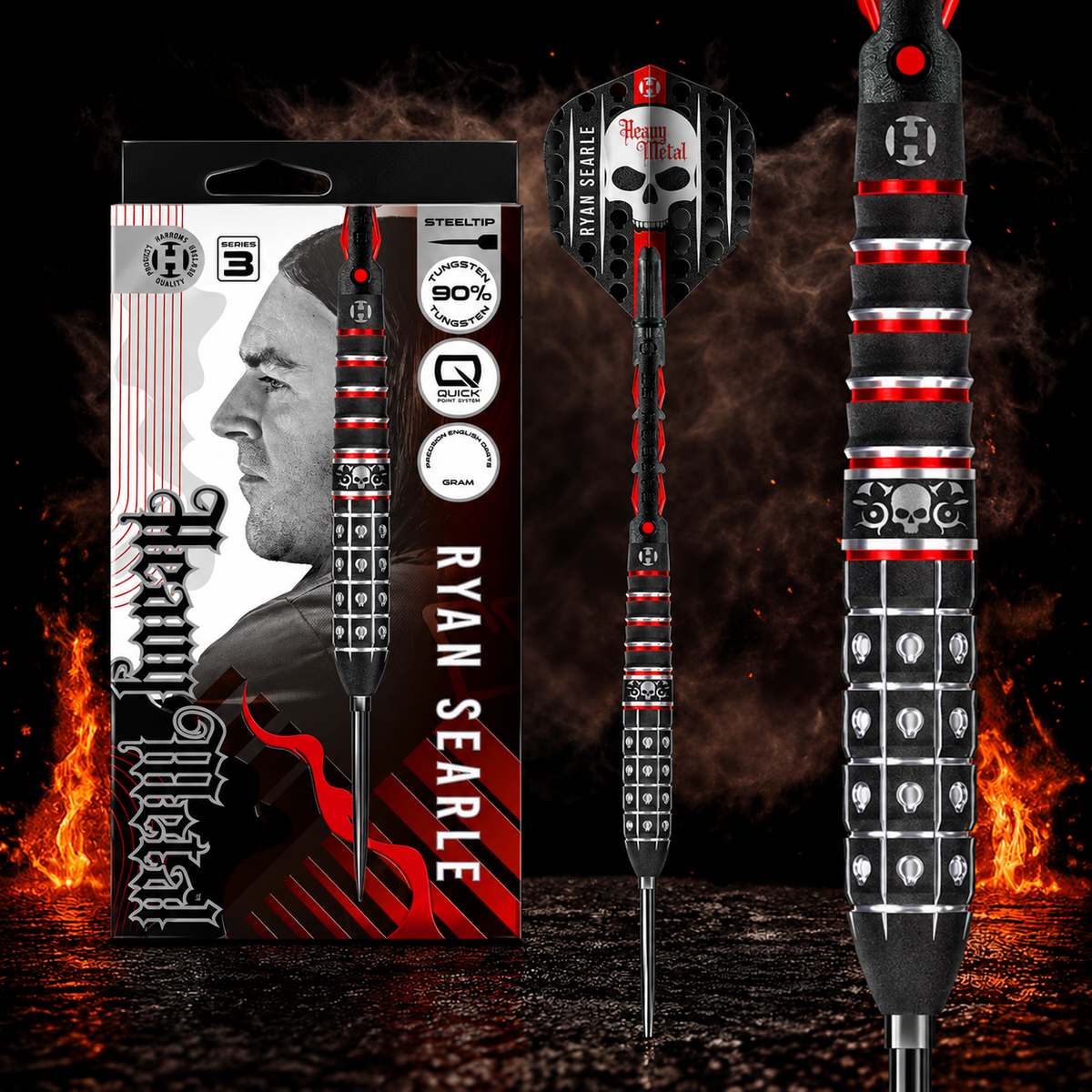 Harrows Ryan Searle Series 3 Quick Point Steeldart 90% – Verpackung, senkrechter Dart und Barrel-Detail vor dunklem Rauchhintergrund