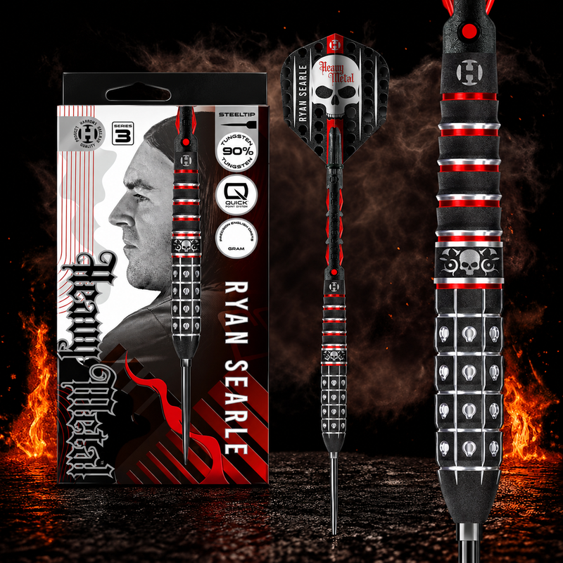 Harrows Ryan Searle Series 3 Quick Point Steeldart 90% – Verpackung, senkrechter Dart und Barrel-Detail vor dunklem Rauchhintergrund