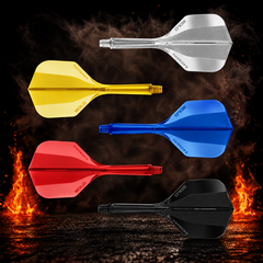 Harrows Solo Small Standard No.6 Flight Shaft System vor dunklem Rauchhintergrund mit dezenten orangefarbenen Flammen