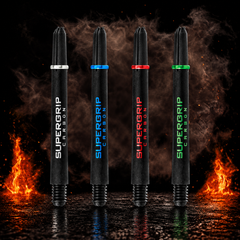 Harrows Supergrip Carbon Shafts vor dunklem Rauchhintergrund mit dezenten orangefarbenen Flammen