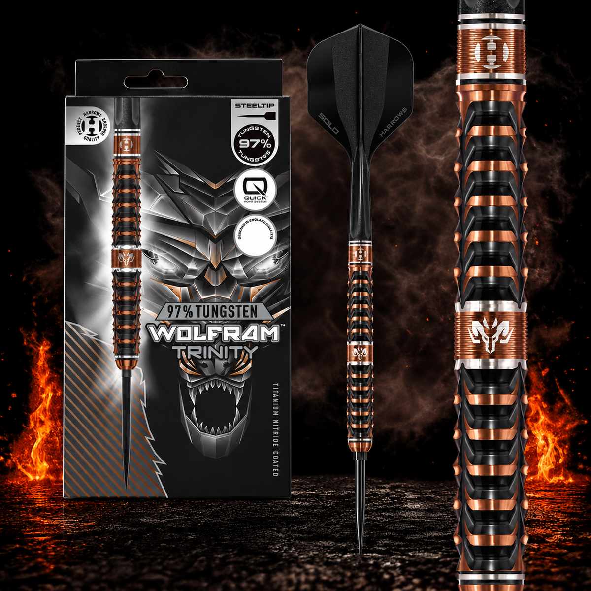Harrows Wolfram Trinity Quick Point Steeldart 97% – Verpackung, senkrechter Dart und Barrel-Detail vor dunklem Rauchhintergrund