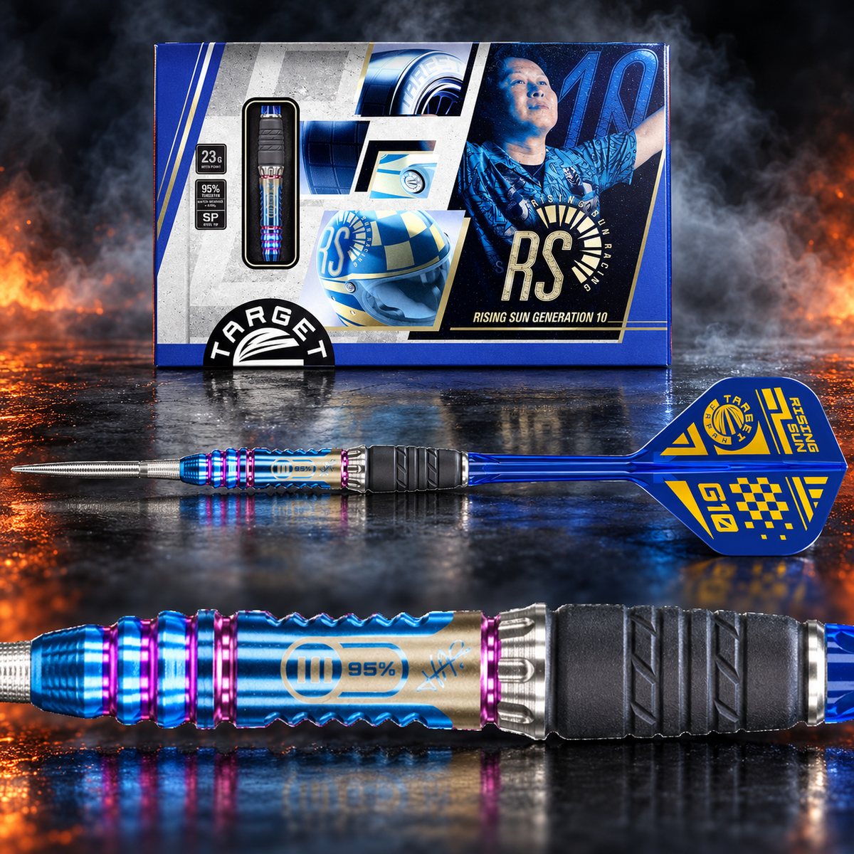 Target Japan Haruki Muramatsu G10 Steeldart 95% – Originalverpackung, vollständiger Dart und vergrößertes Barrel-Detail