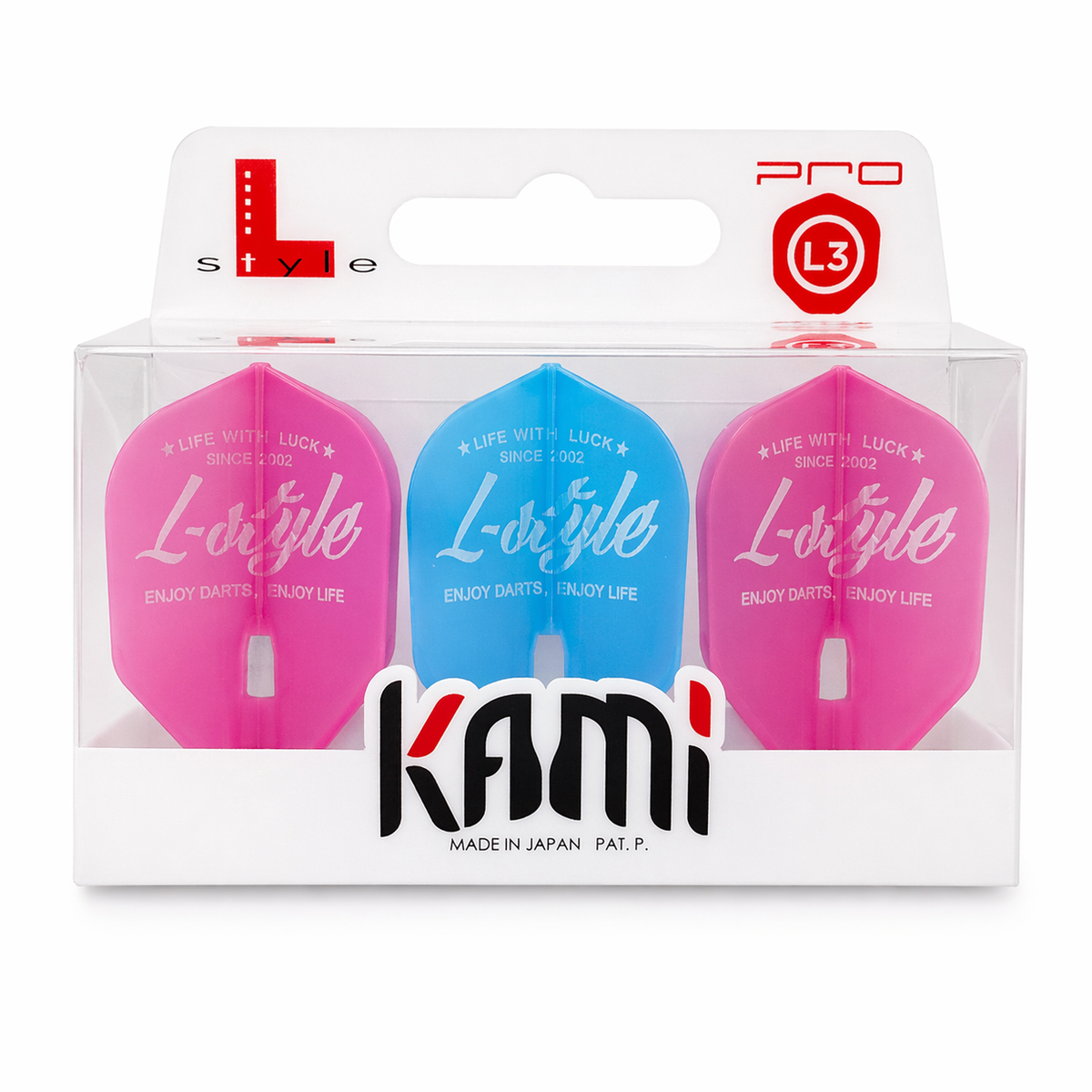 L-Flight Pro Kami L3K Mix – Drei Kami-Flights in Pink und Blau in der Verpackung