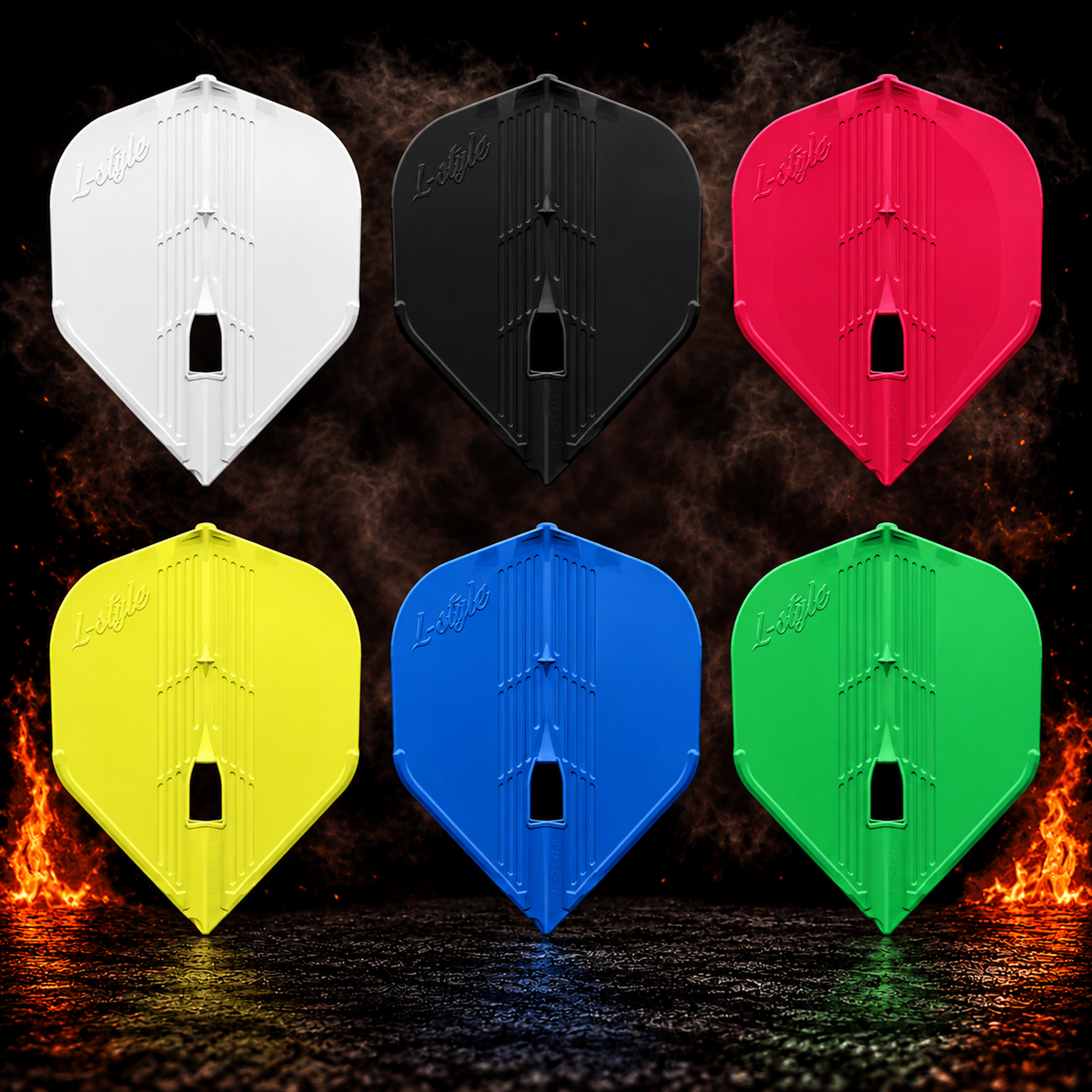 L-Style Champagne Pro Kami L1 Standard Flight – alle angebotenen Farben vor dunklem Rauchhintergrund