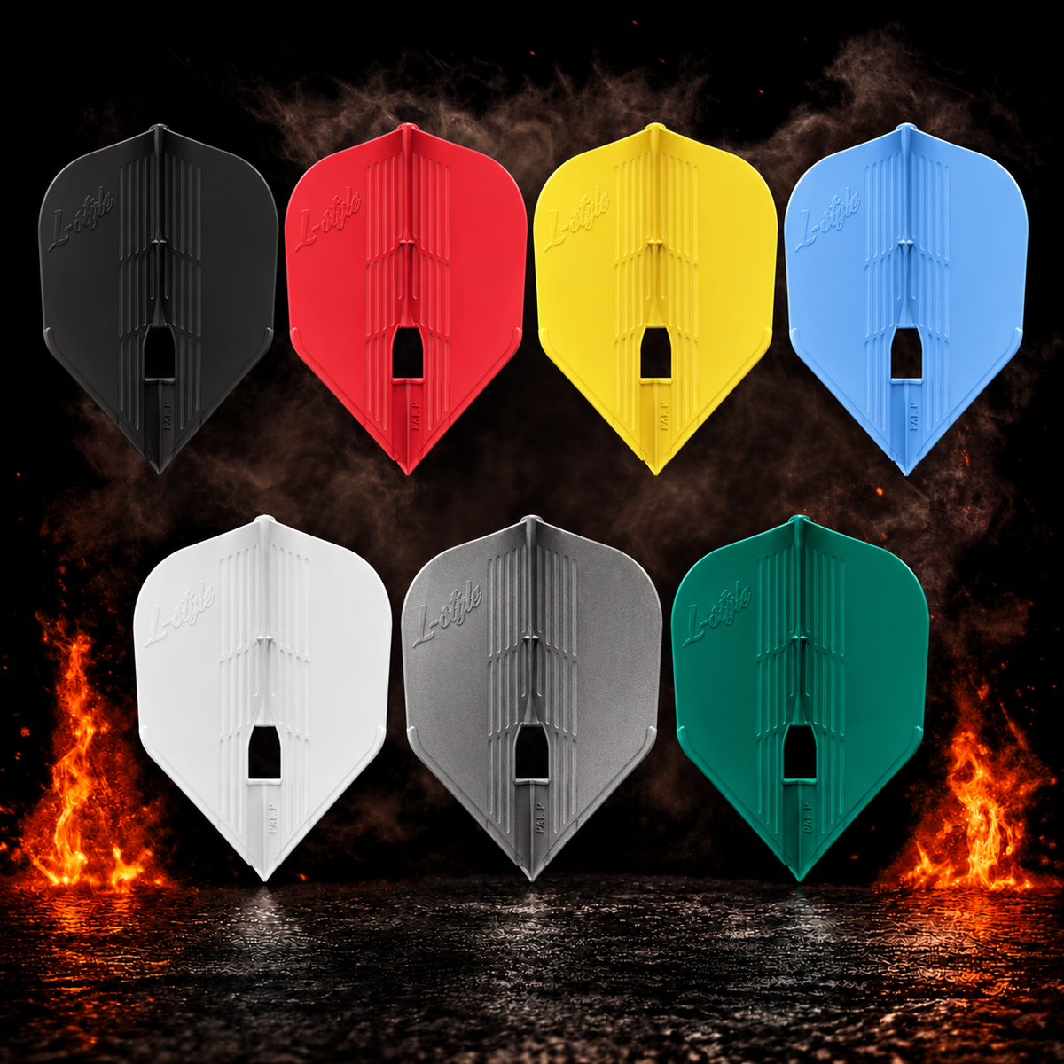 L-Style Champagne Pro Kami L3 Small Standard Flight – alle angebotenen Farben vor dunklem Rauchhintergrund