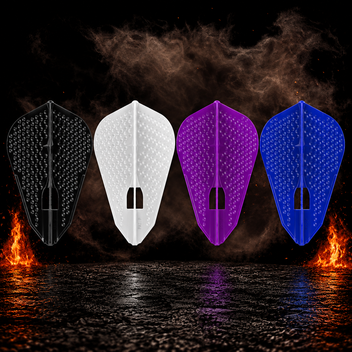 L-Style Champagne Pro L9 Dimple Fantail Flight – alle angebotenen Farben vor dunklem Rauchhintergrund