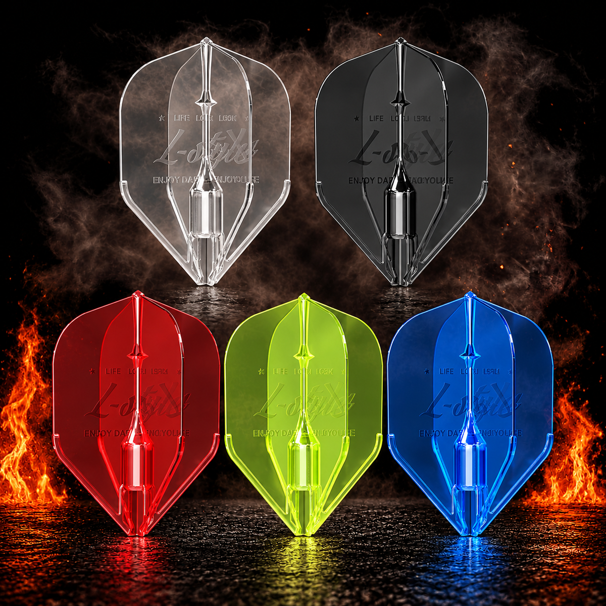L-Style Champion EZ Fantom L1 Standard Flight – alle angebotenen Farben vor dunklem Rauchhintergrund