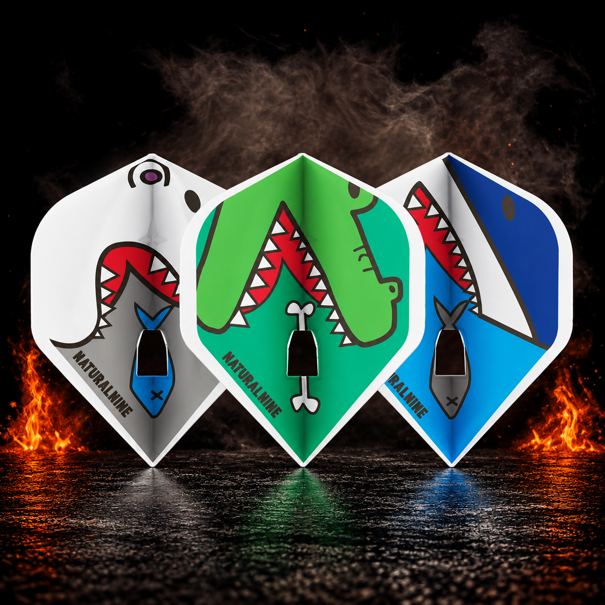 L-Style Natural9 Caution Predators Signature Champagne Pro L1 Standard Flight vor dunklem Rauchhintergrund mit dezenten orangefarbenen Flammen