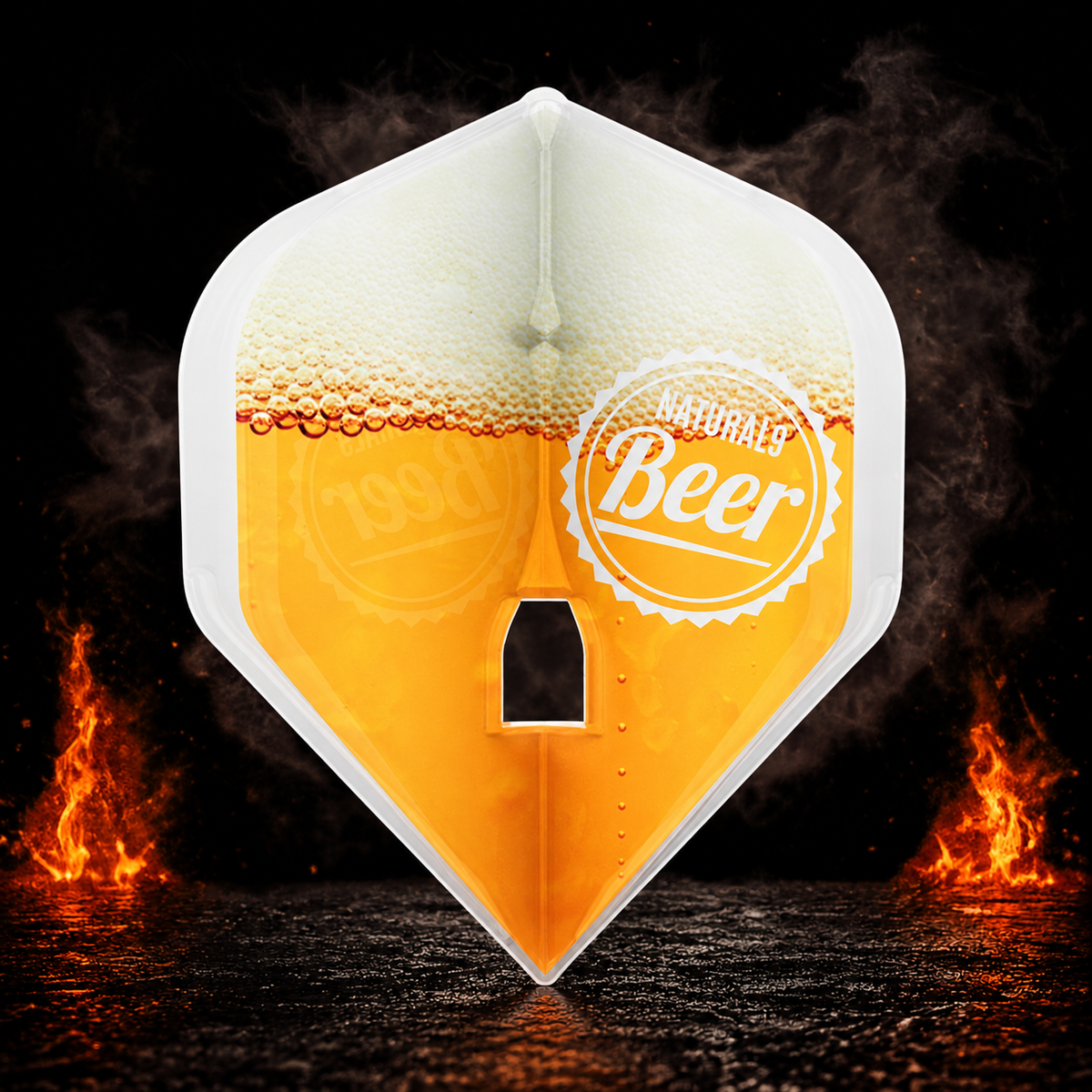 L-Style Natural9 Love Beer Signature Champagne Pro L1 Standard Flight vor dunklem Rauchhintergrund mit dezenten orangefarbenen Flammen