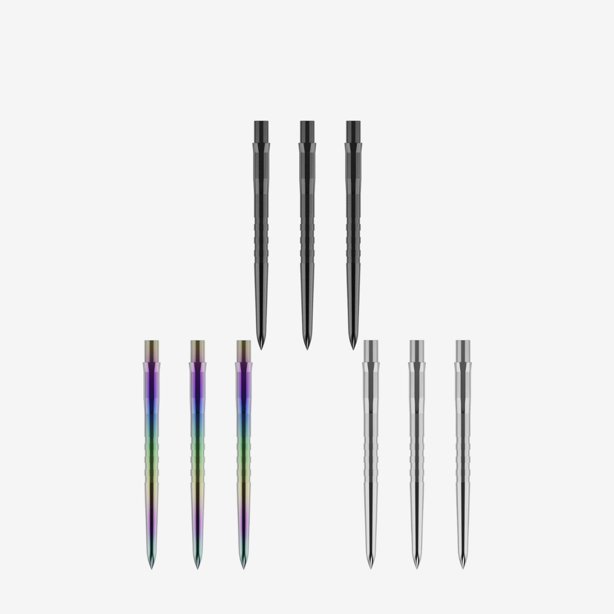 Mission Caliburn Replaceable Dart Points Grooved – Farbübersicht mit je drei Dartspitzen in Schwarz, Regenbogenfarben und Silber