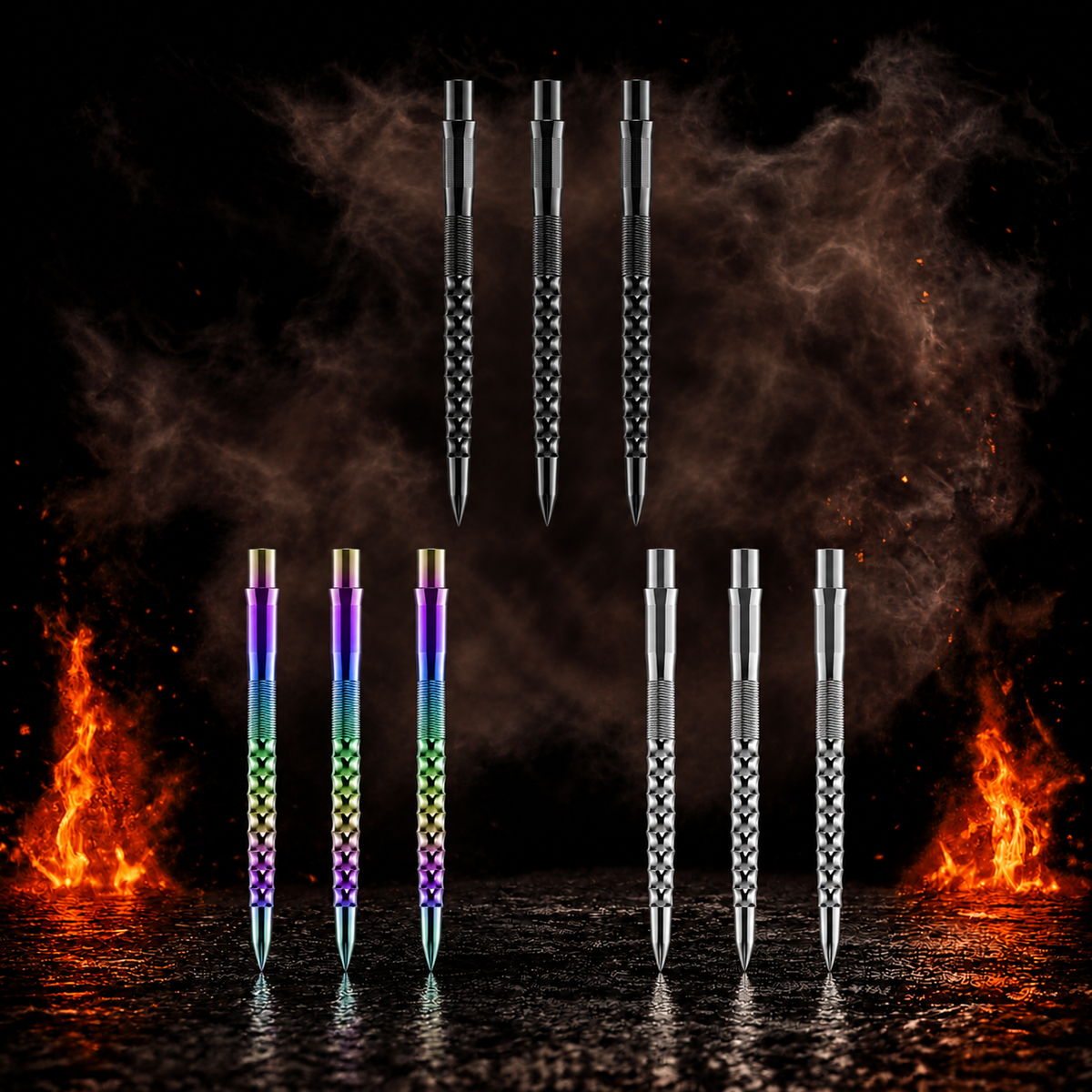 Mission Caliburn Replaceable Dart Points Ripple vor dunklem Rauchhintergrund mit dezenten orangefarbenen Flammen